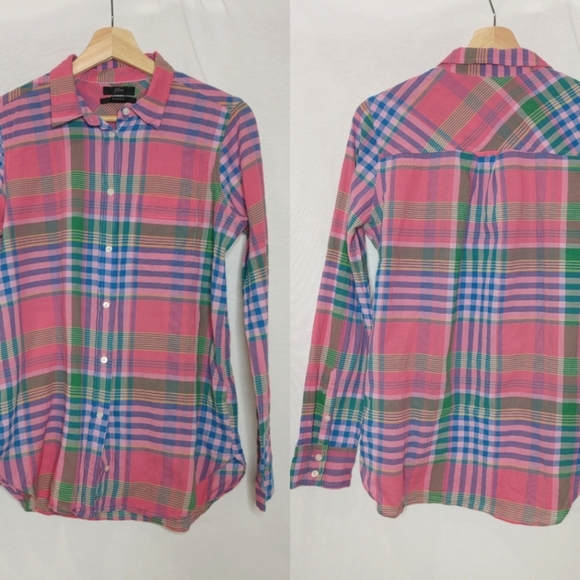 J. Crew Classic-fit Boy Shirt Crinkle Magenta Pink‎ Green Plaid.Button Front 4 - Picture 1 of 9